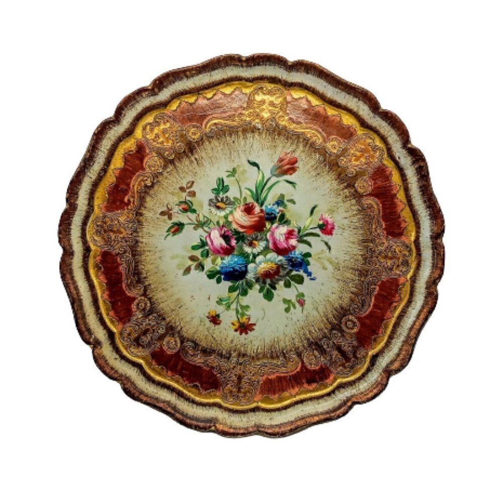 Aram Florence Italy Handmade Wood Round Scallop Rim Tray